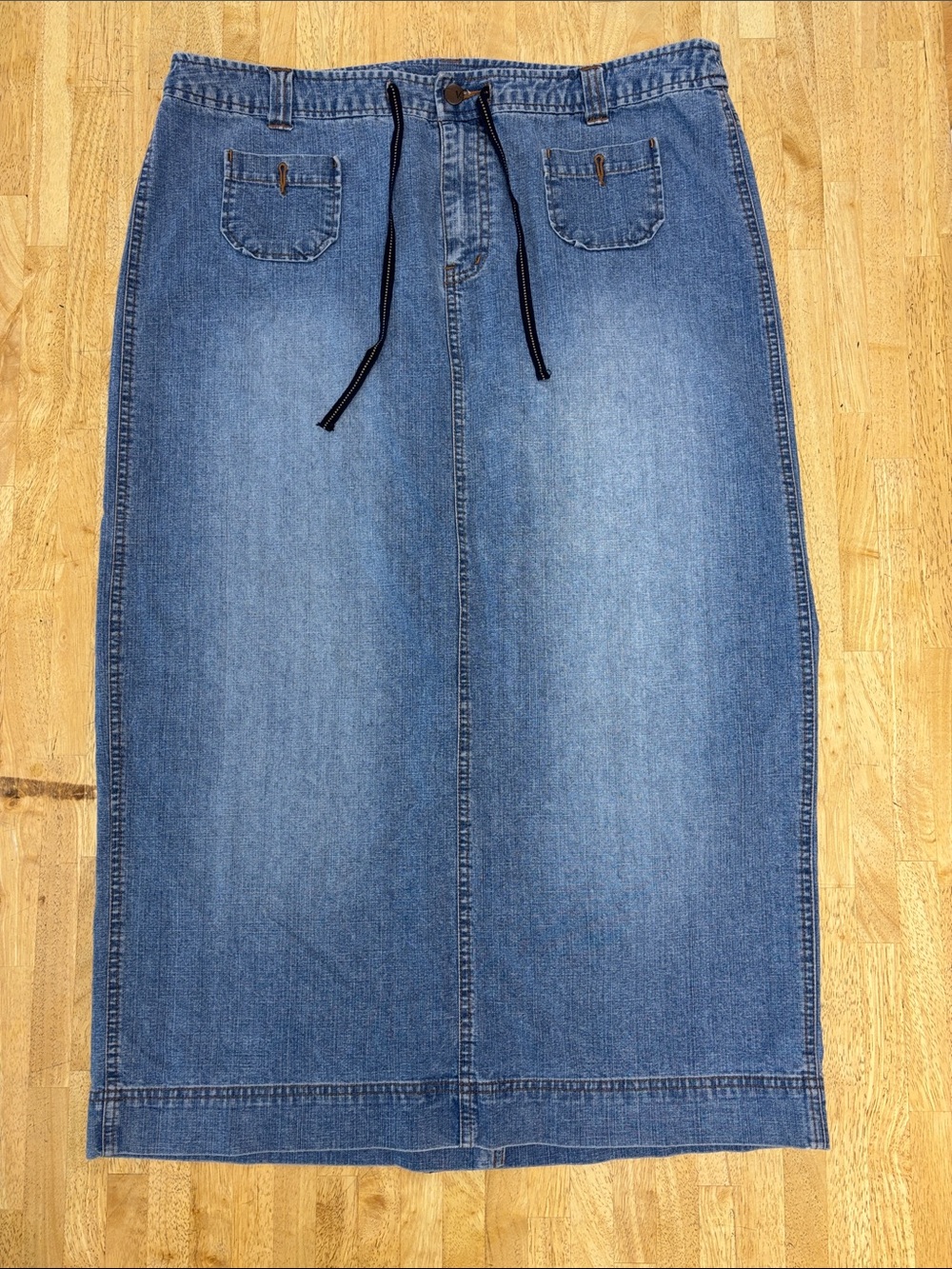 Venezia Vintage Denim Maxi Skirt Size 18 90s Faded Drawstring Utility Pocket